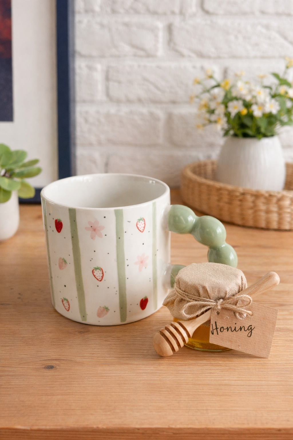 Porseleinen mok pastelgroen - Aardbei design